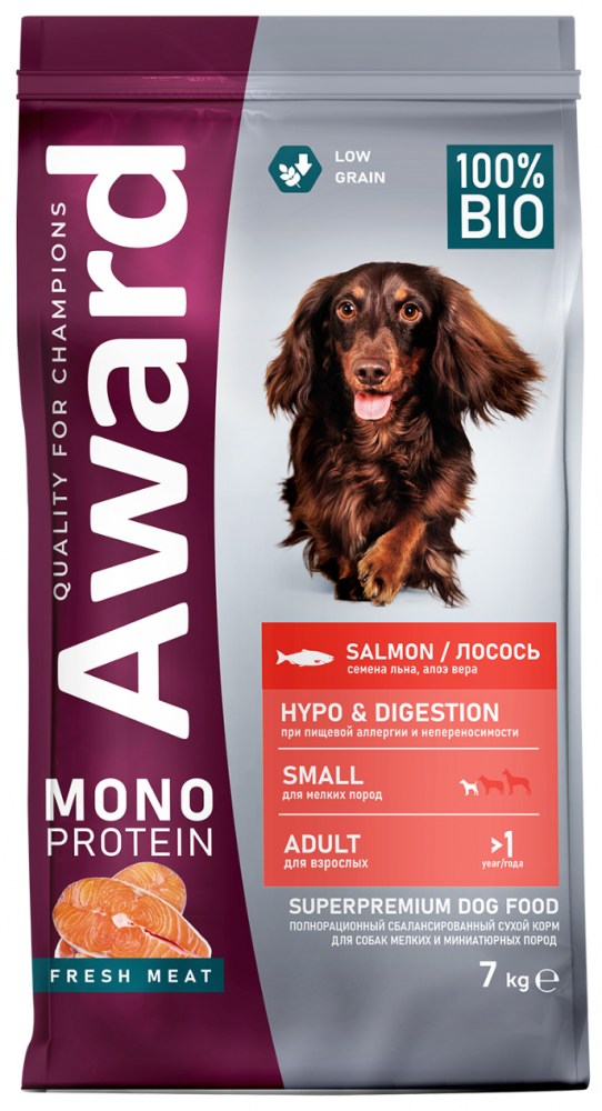 Корм Award Monoprotein МИНИ из лосося с добавлением семян льна и алоэ вера  для собак мелких и миниатюрных пород