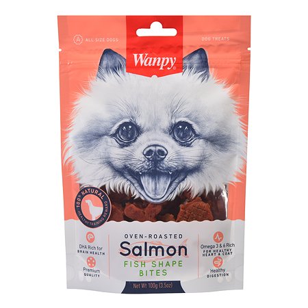 Лакомство для собак Wanpy Dog лакомые кусочки из нежного лосося в форме рыбок 100 г