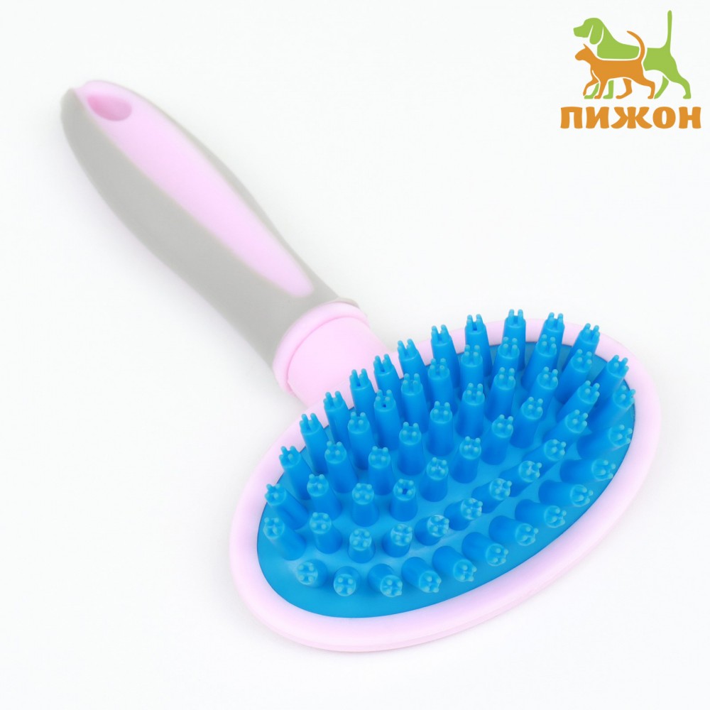 Щётка-массажёр для животных, 9.5&times;16.5 см, с силиконовыми зубьями, средняя, пластик, розовая, голубая