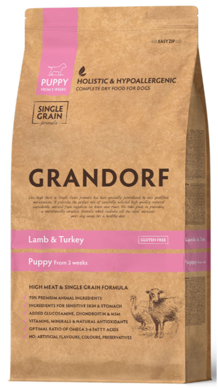 Корм Grandorf Puppy All Breeds для щенков всех пород от 3 недель, беременных и кормящих сук (низкое содержание зерна), ягненок с рисом