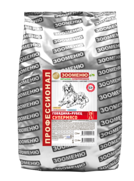 Корм сухой Зооменю Говядина+рубец "СУПЕРМЯСО" для собак средних и крупных пород