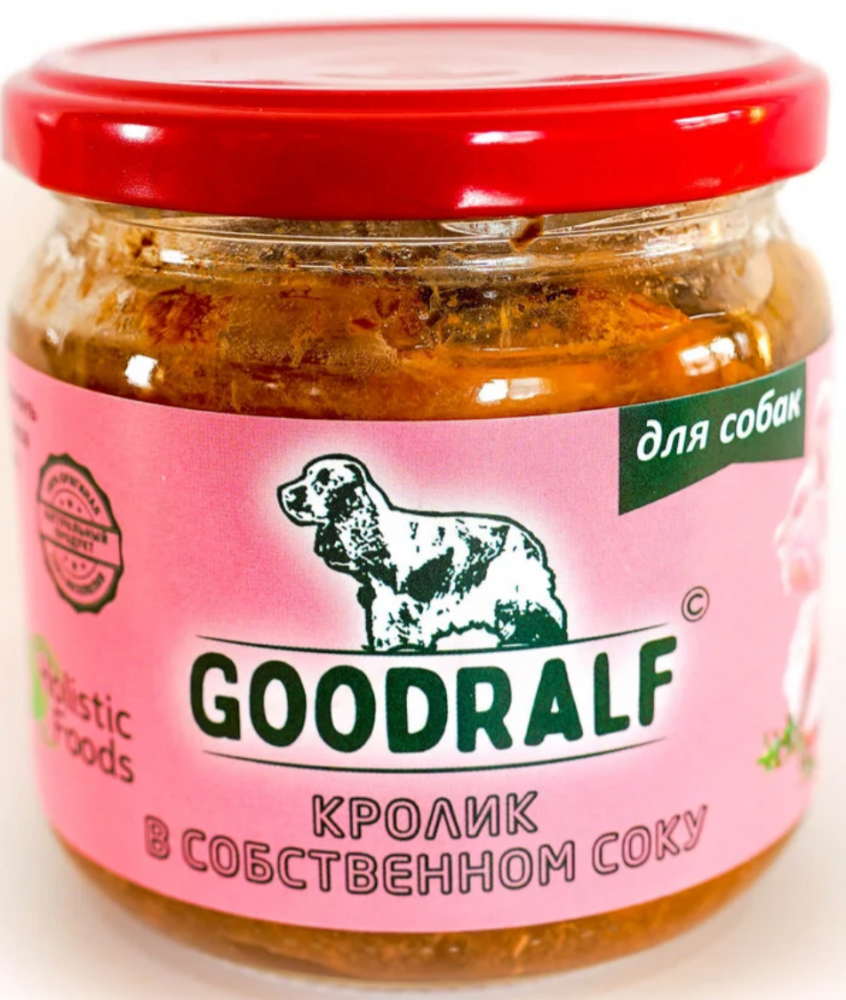 Влажный корм ПРЕМИУМ ГудРальф Кролик в собственном соку стеклянная банка 340 гр