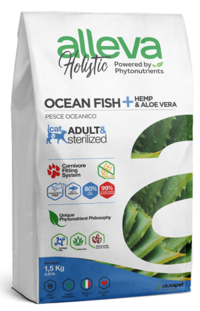 Корм Аллева Холистик для взрослых кошек, с океанической рыбой, коноплей и алое вера