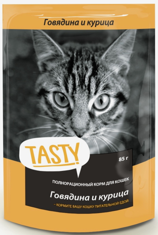 Консервы Tasty с говядиной и курицейдля кошек паучи 85 г: ЖЕЛЕ