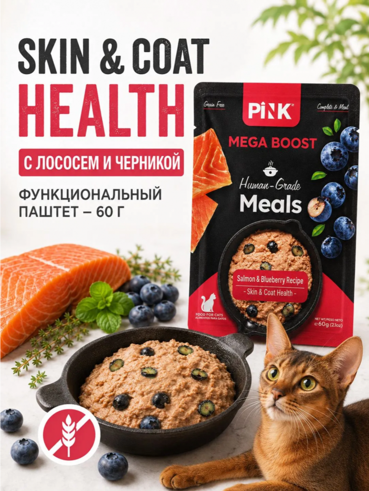 Консервы Пинк МЕГА БУСТ Скин Лосось с черникой: ПАШТЕТ 60 г для кошек