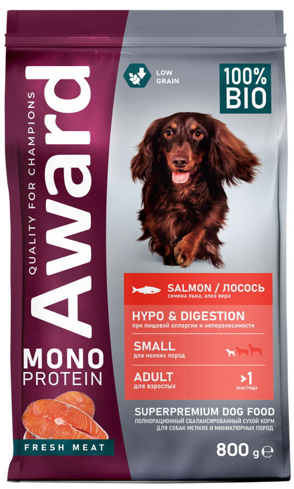 Корм Award Monoprotein МИНИ из лосося с добавлением семян льна и алоэ вера  для собак мелких и миниатюрных пород
