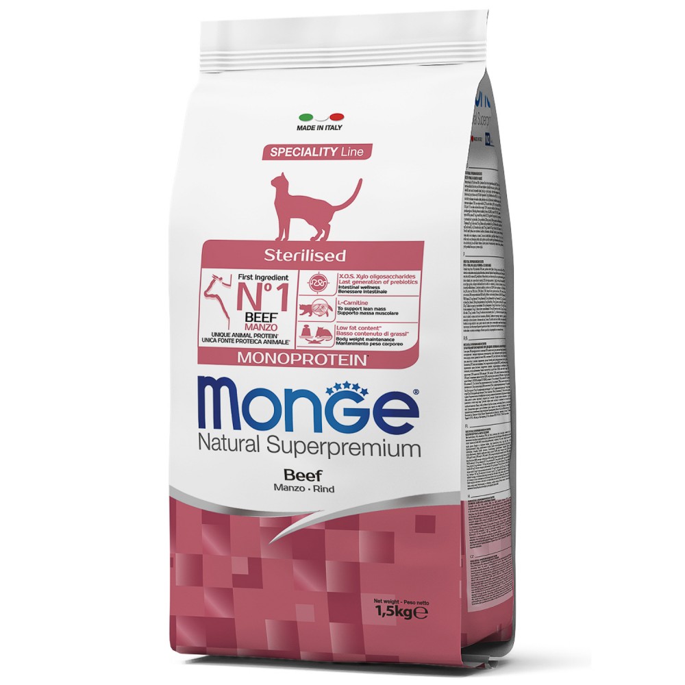 Корм сухой Monge Cat Monoprotein Sterilised Beef корм для стерилизованных кошек с говядиной 1,5 кг