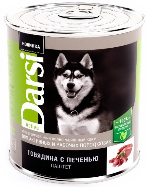 Корм Darsi (паштет) для активных и рабочих пород собак &quot;Говядина и печень&quot;, 850г