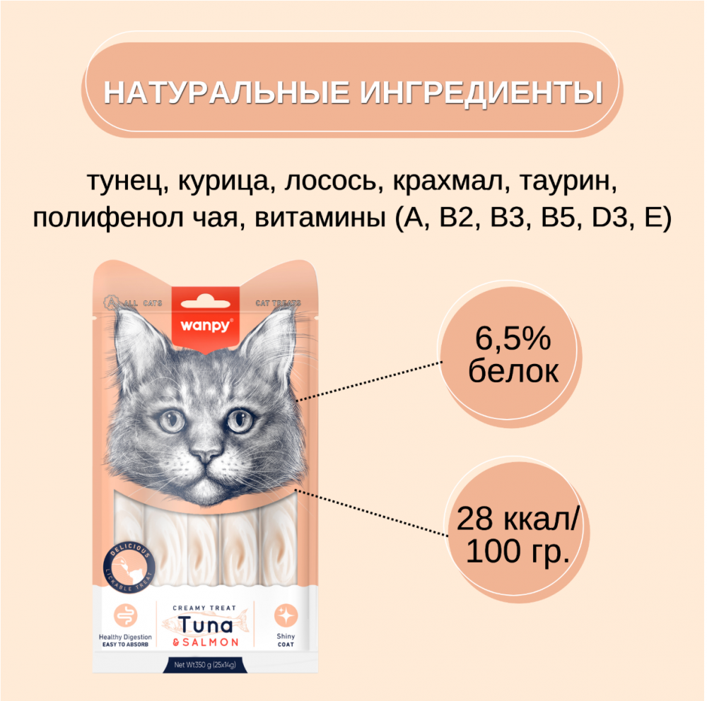 Wanpy Cat Лакомство для кошек "нежное пюре" из тунца и лосося 25 шт х14 г
