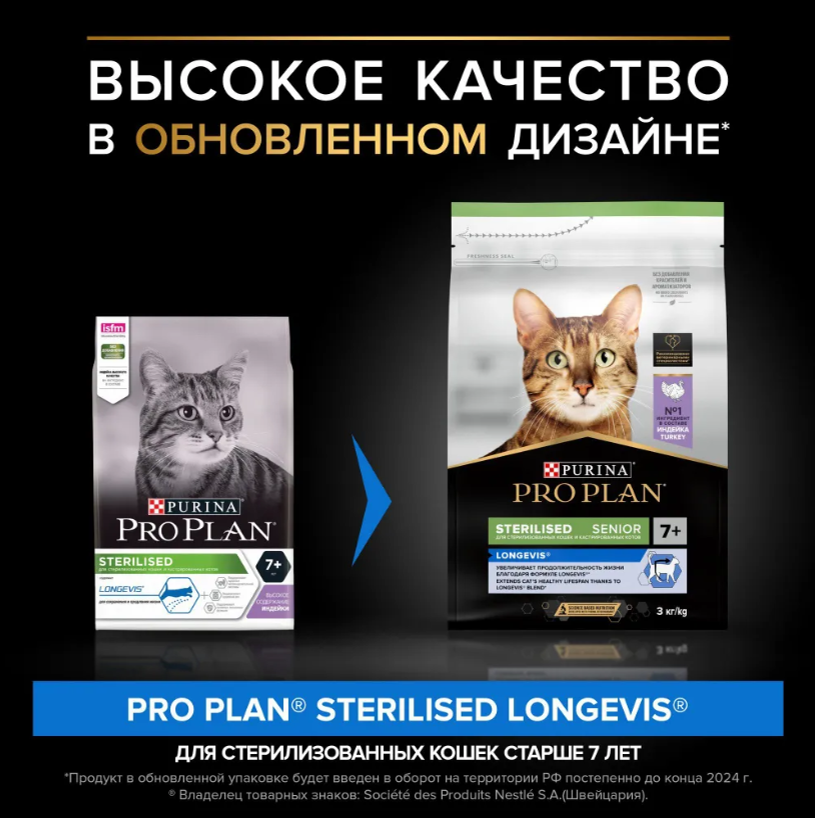 Корм для кошек Purina Pro Plan Sterilised 7+ пожилых при стерилизации и кастрации с индейкой