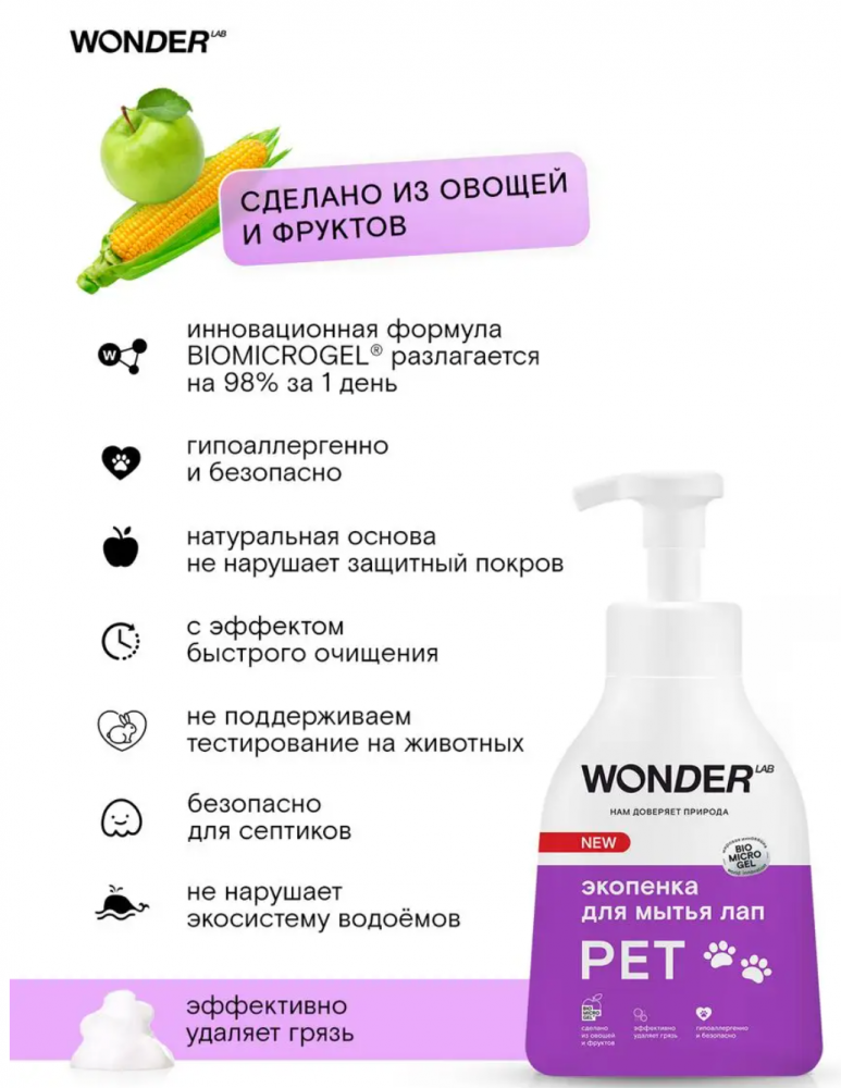 Пенка для мытья лап ЭКО шампунь для собак и щенков WONDER Lab 1 л