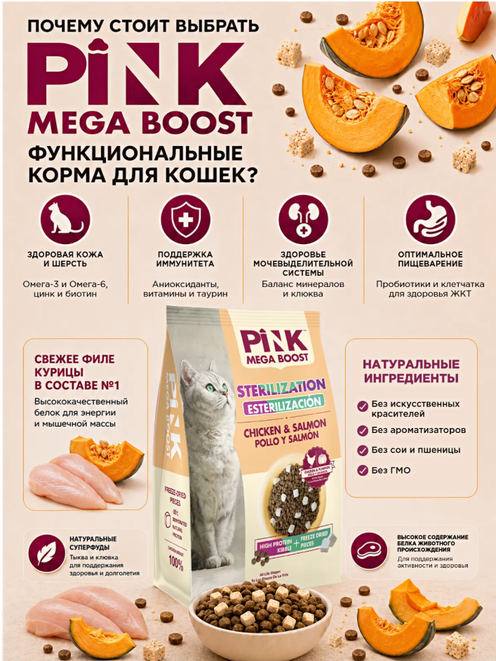 Корм Пинк Мега Буст Стери Курица с лососем: 2 гранулы для кошек