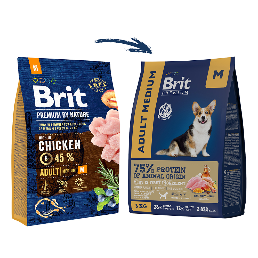 Корм Brit Premium Dog Adult Medium с курицей для взрослых собак средних пород (10–25 кг) 15 кг