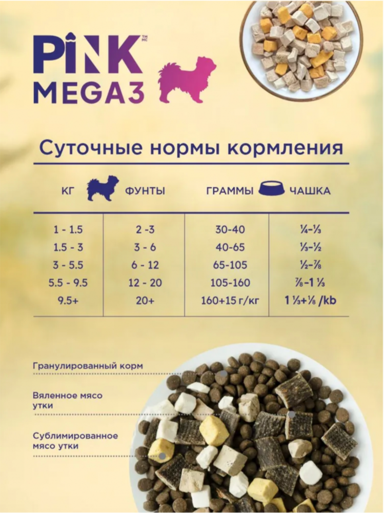 Корм PINK MEGA 3 БЕЗЗЕРНОВ Утка с лососем, 3 гранулы 1,8 кг для собак